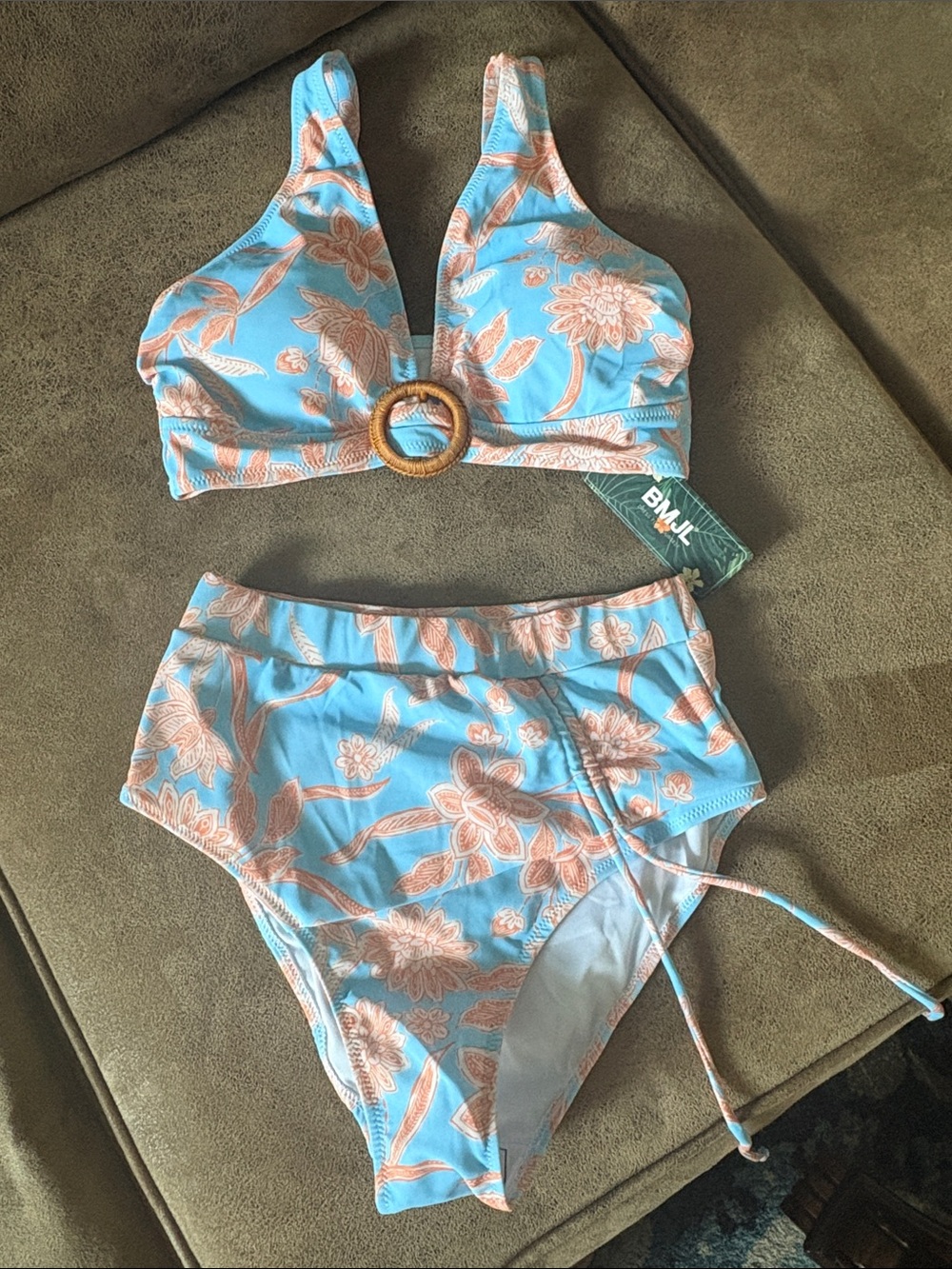 Light Blue Floral High-Waist Bikini Set with Ring Detail